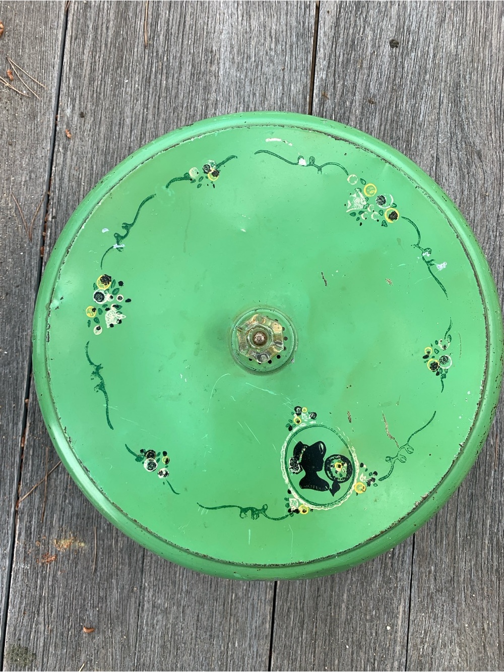 Vintage Green Metal Cake Carrier Lid with Floral Accents